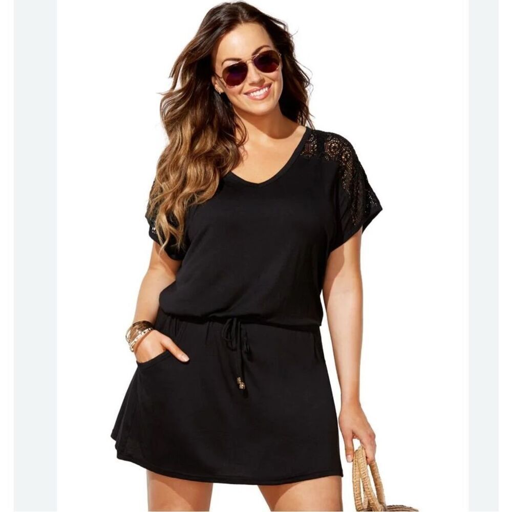 NWT Swimsuits For All Emme Black Crochet Cover Up Tunic Bathing Suit Women’s 14/